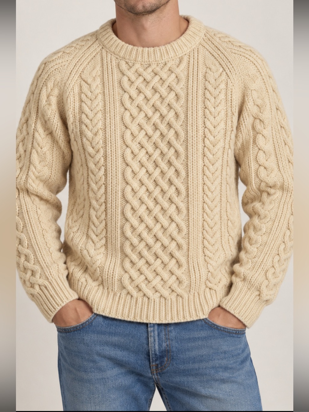 Pitlochry Knitwear 100% Pure New Wool Cable Knit Fisherman Sweater Cream